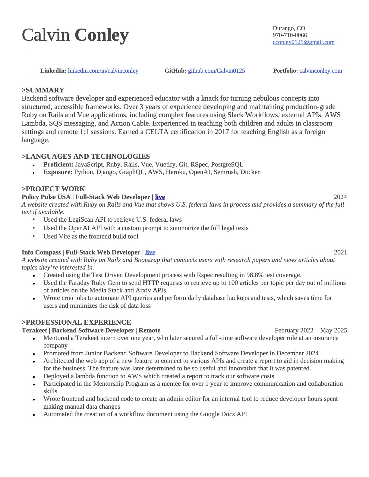 Calvin Conley's resume page 1