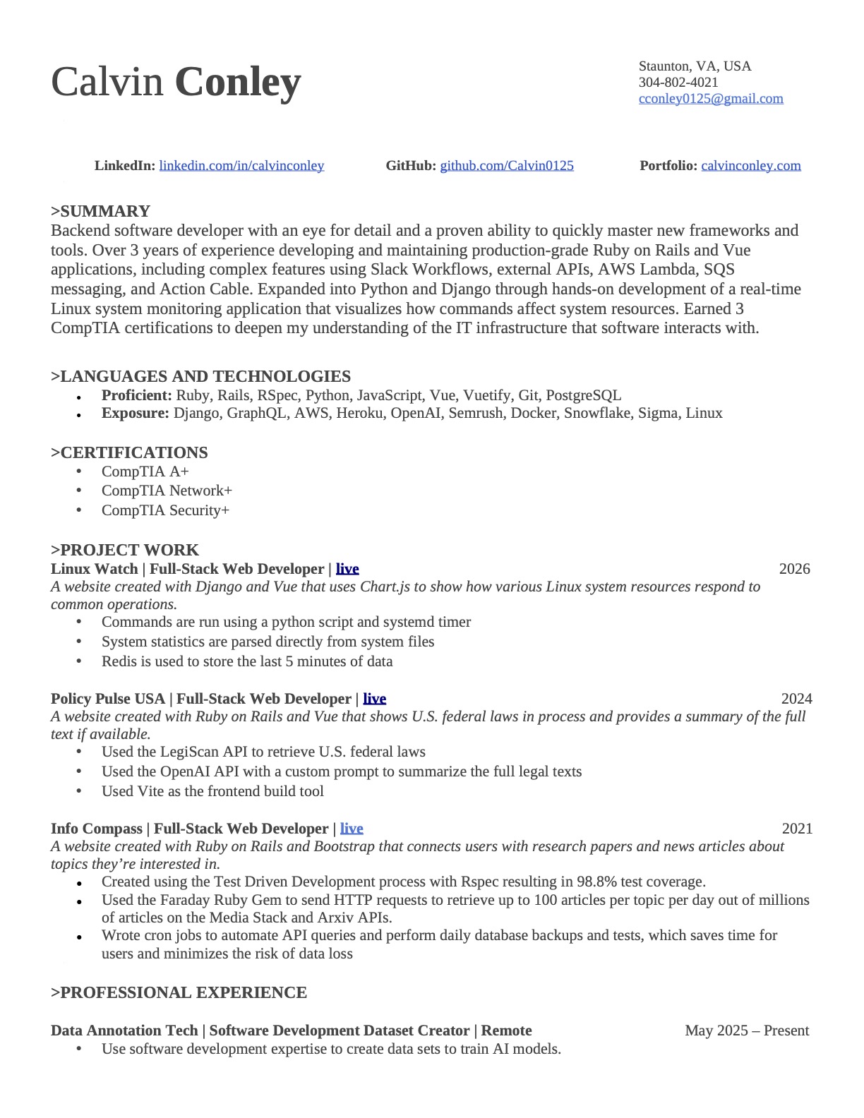 Calvin Conley's resume page 1