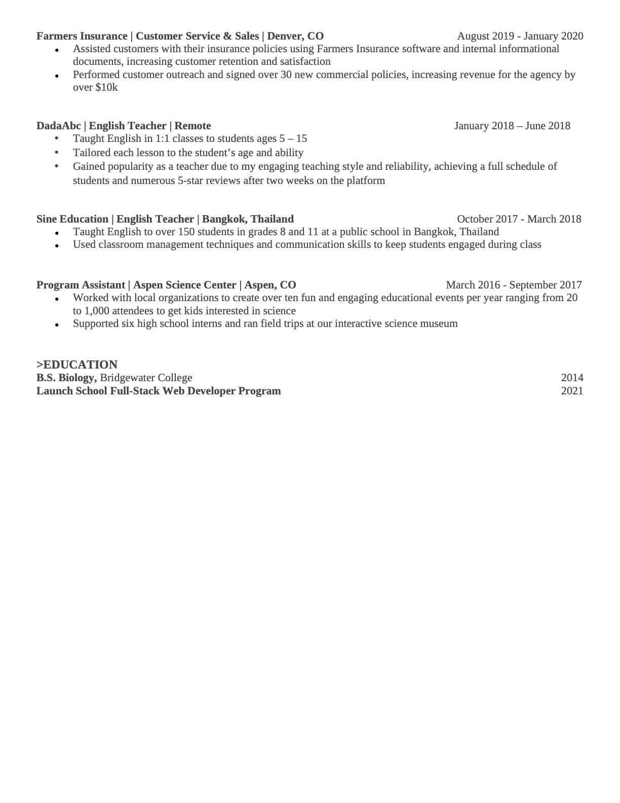 Calvin Conley's resume page 2